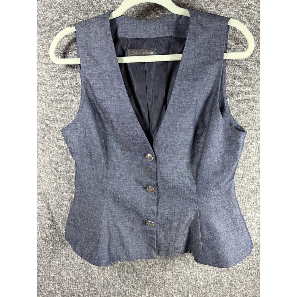 ZARA Linen Blended Pleated Button Up Sleeveless Vest Size XS Denim Blue